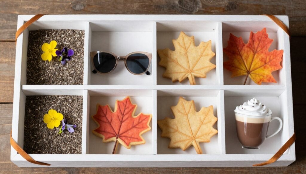 seasonal wedding favors arranged by season showing spring, summer, fall, and winter options