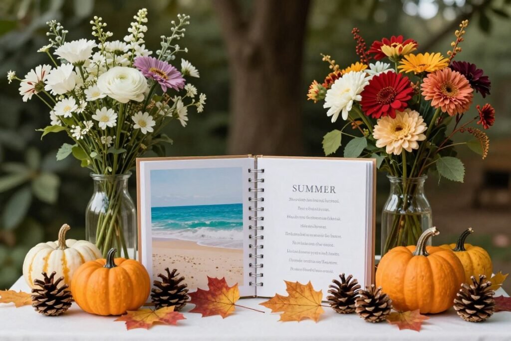 seasonal wedding guest book display showing options for spring, summer, fall, and winter themes seasonal wedding guest book display showing options for spring, summer, fall, and winter themes
