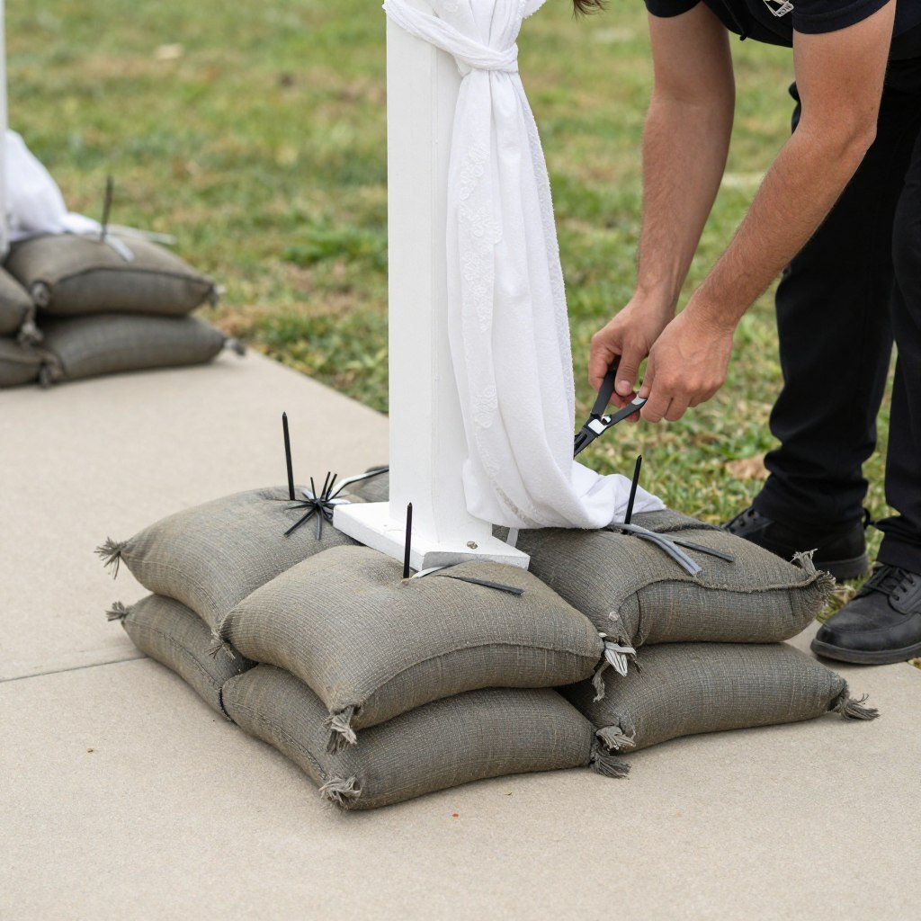 secured wedding arch with weights and anchors