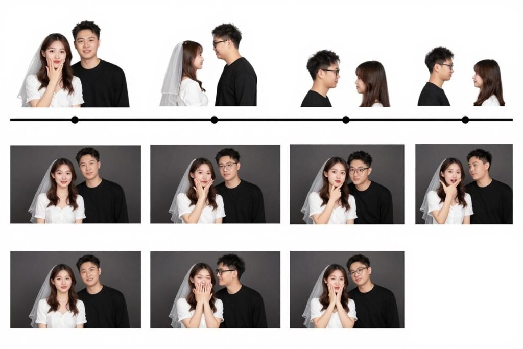 sequence of different photobooth poses showing variety over time