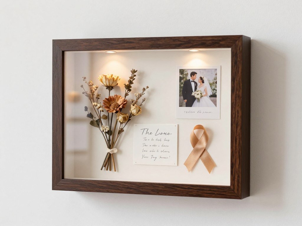 shadow box displaying preserved wedding memorial items