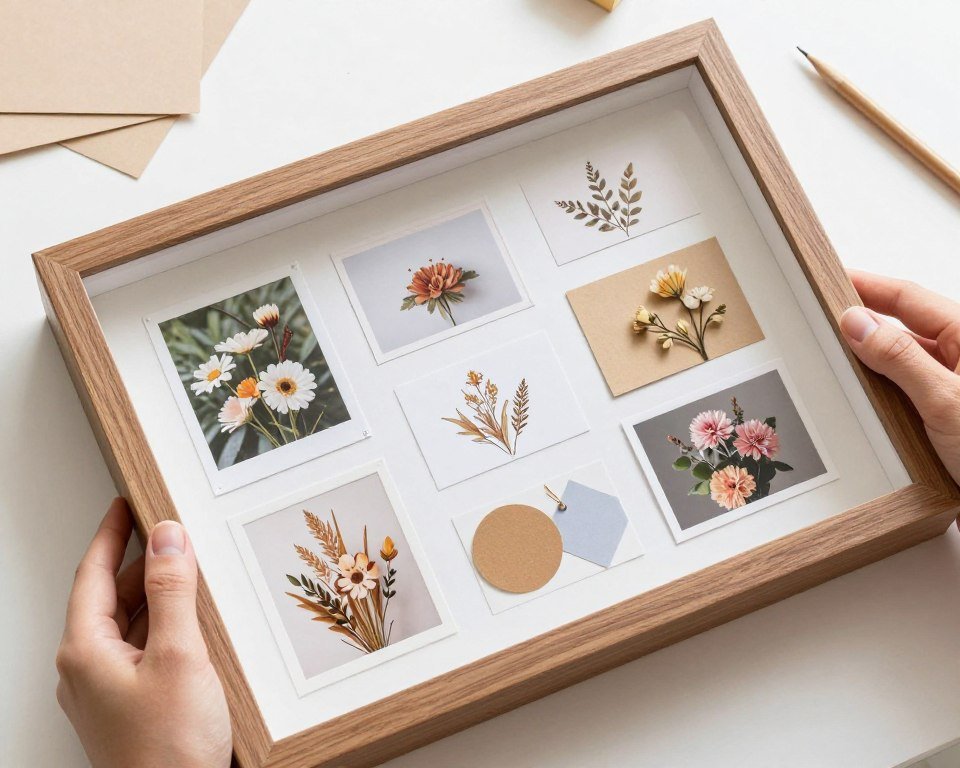 shadow box layout showing balanced arrangement of photos and items