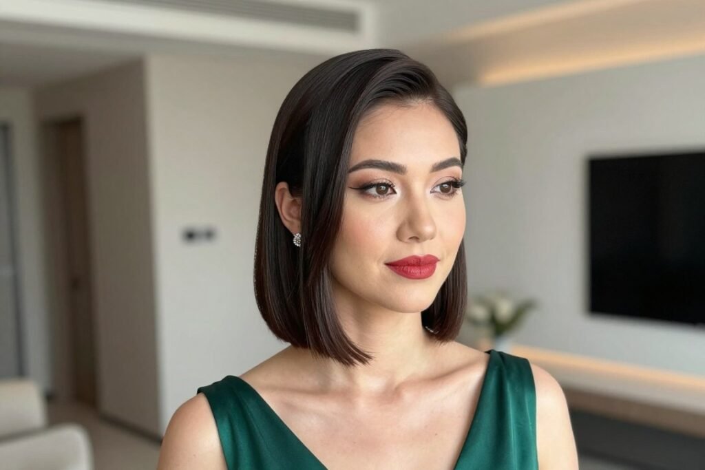 short hair bridesmaid hairstyle sleek bob