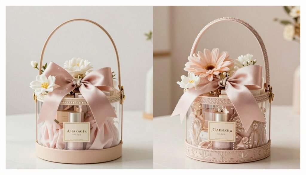 side by side comparison of budget and luxury bridesmaid boxes