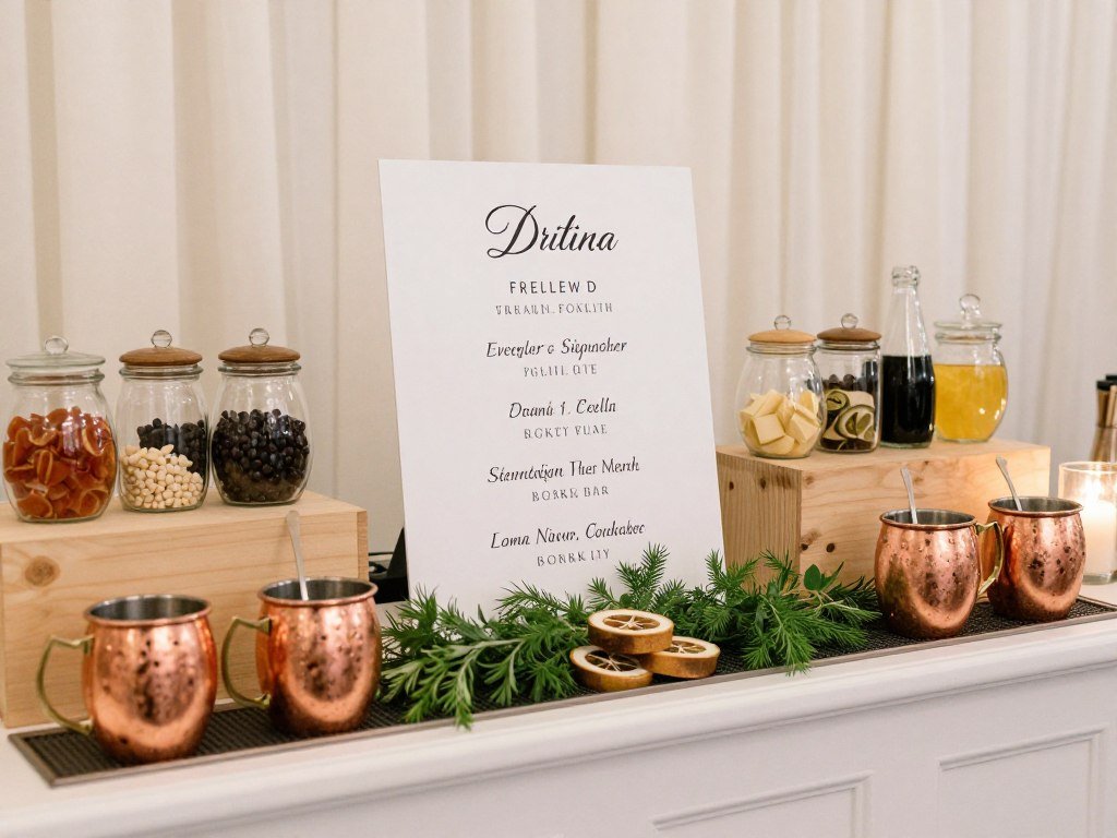 signature cocktail display with custom signage and garnish bar signature cocktail display with custom signage and garnish bar