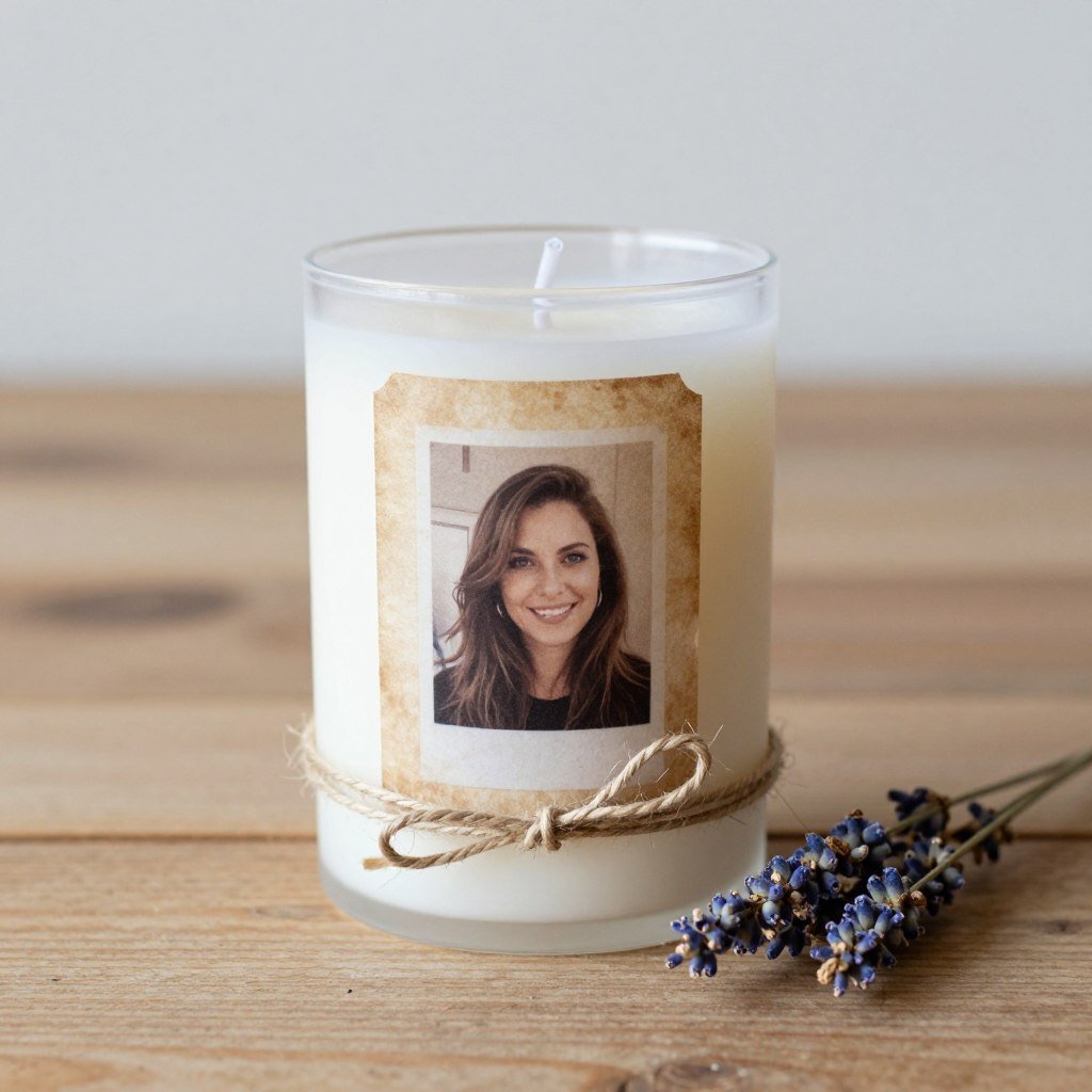 simple DIY memorial candle with photo label