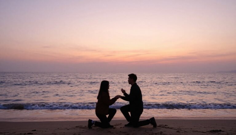 simple beach proposal ideas with couple silhouette at sunset near ocean waves