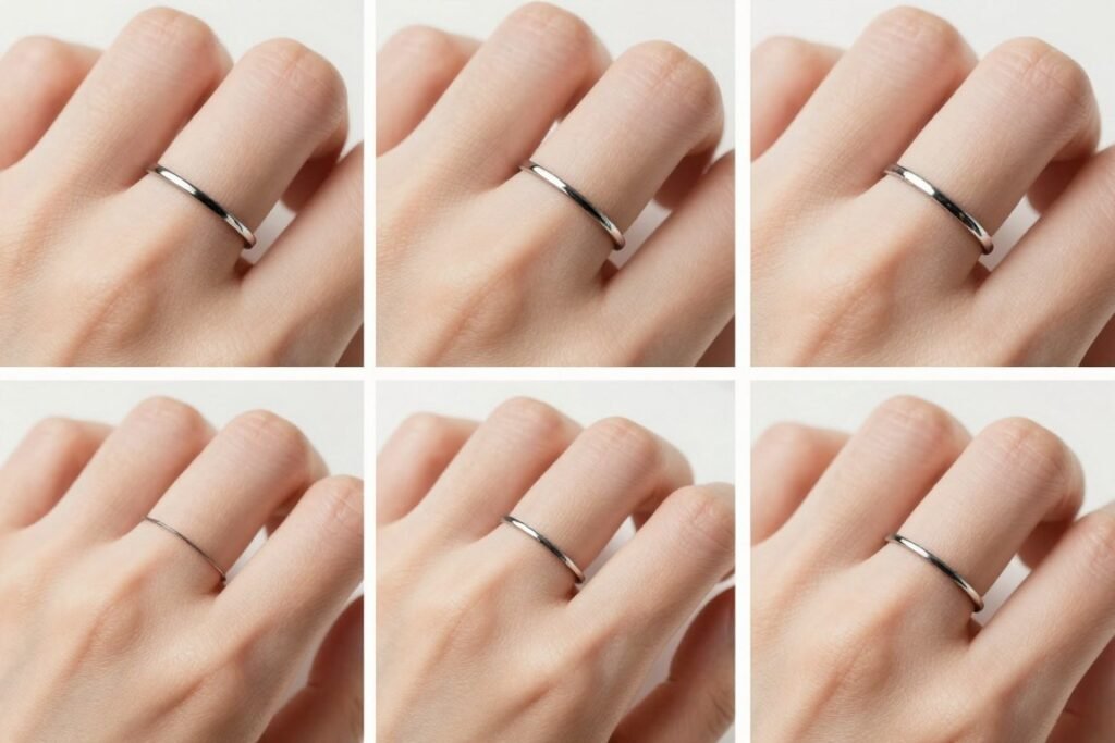 simple line wedding ring tattoos showing thin black bands wrapping around ring fingers