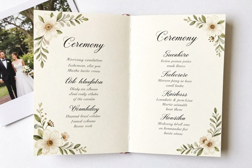 single page wedding program with calligraphy details single page wedding program with calligraphy details