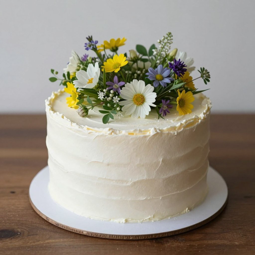 single tier wildflower cake with crown of fresh flowers