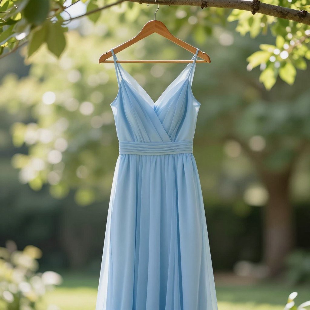 sky blue bridesmaid dress hanging outdoors with natural sunlight