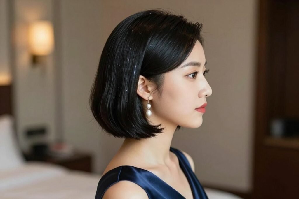 sleek bob bridesmaid hairstyle with deep side part