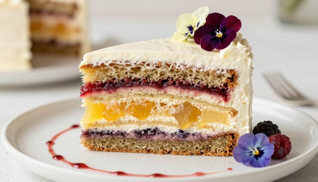 slice of layered wildflower cake showing flavors and fillings