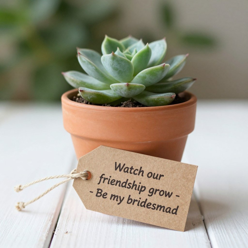 small succulent in decorative pot with bridesmaid proposal tag attached