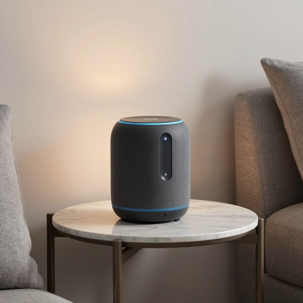 smart speaker and voice assistant device on modern side table