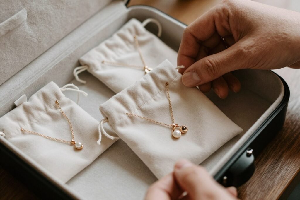 soft pouch storing wedding jewelry