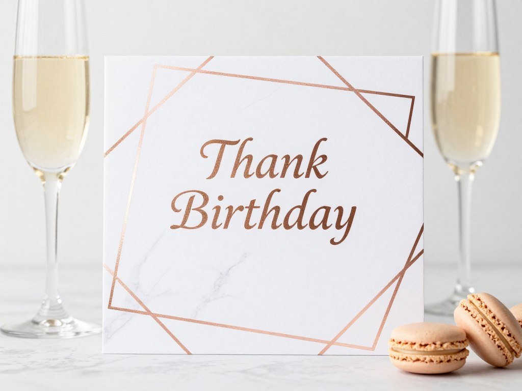 sophisticated adult birthday thank you card with marble texture and rose gold accents