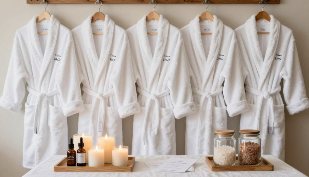 spa day bridesmaid proposal setup with robes and candles