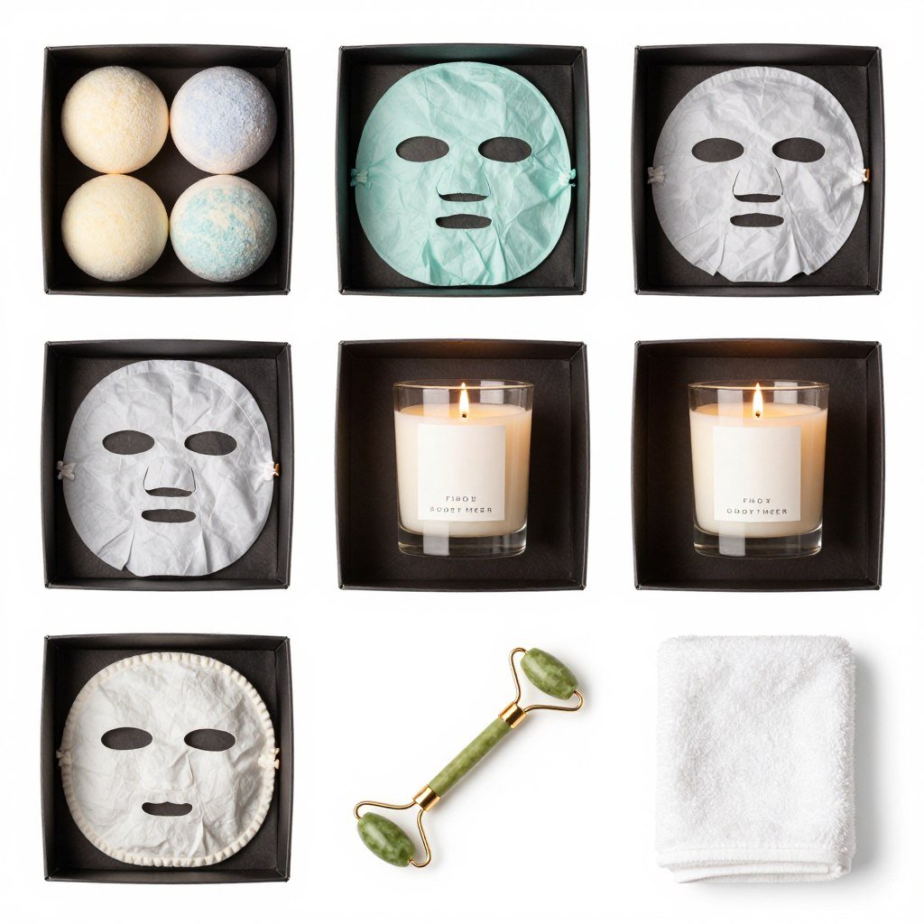 spa gift box essentials arranged in organized grid layout showing each component