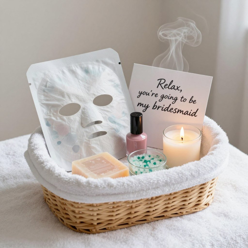 spa themed bridesmaid proposal gift with face mask, nail polish, and candle