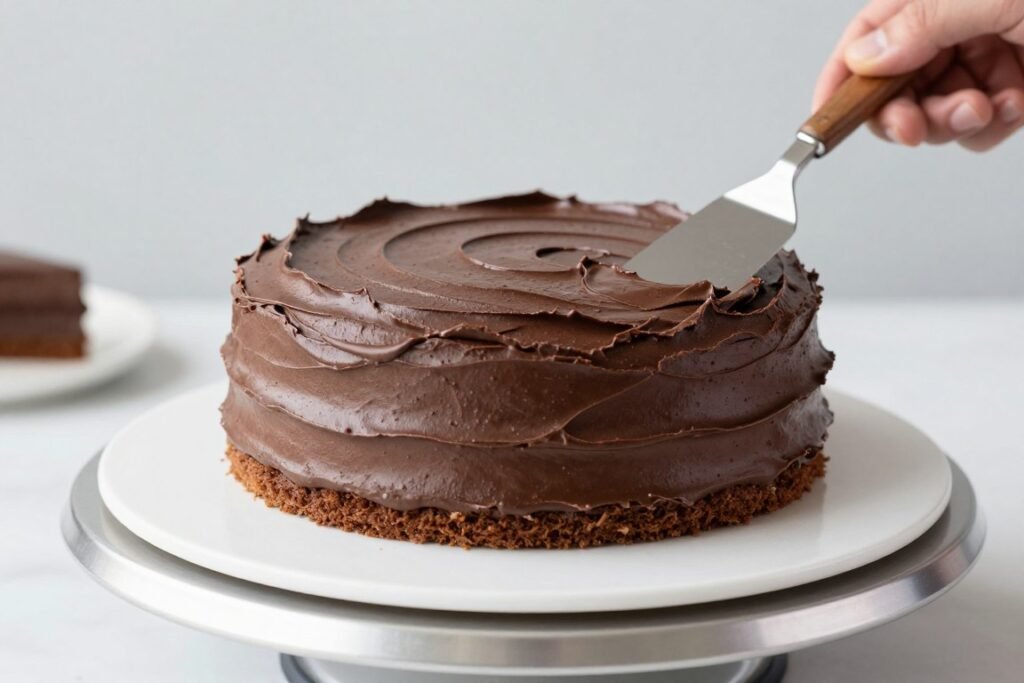 spatula spreading chocolate frosting on cake layer