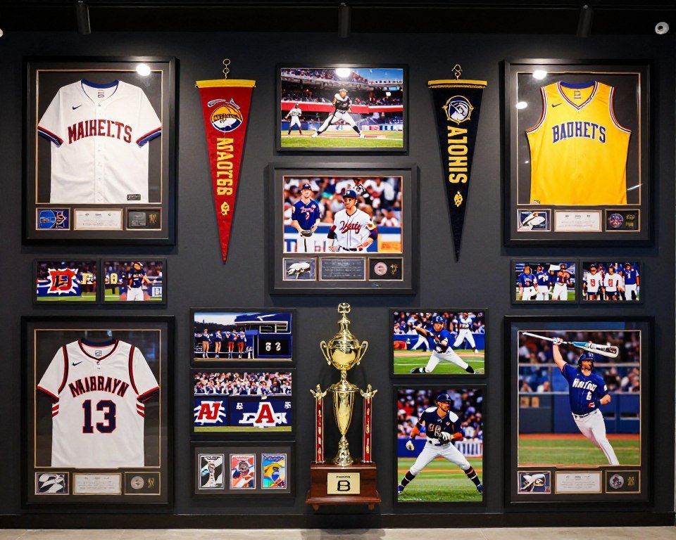 sports themed memorial with jerseys and equipment