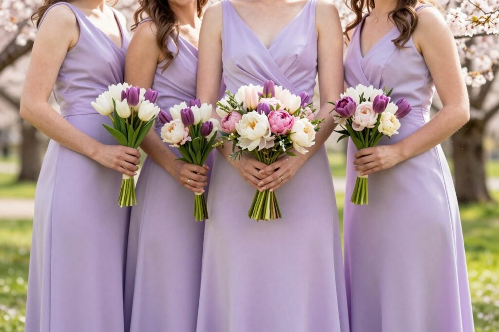 spring bridesmaid in pastel satin dress with flowers