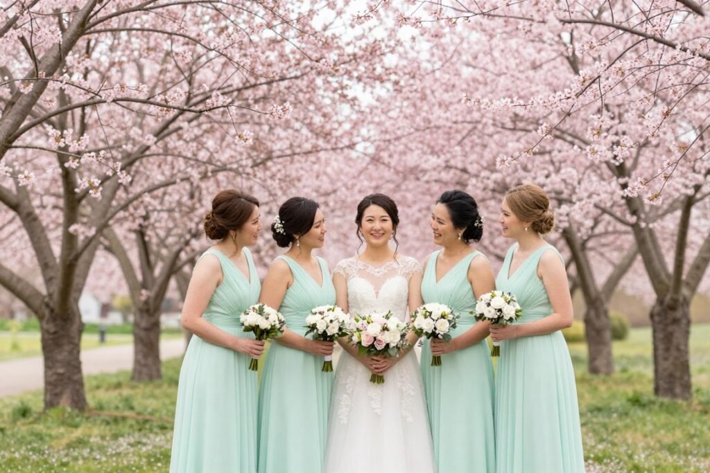 spring bridesmaids in blooming garden