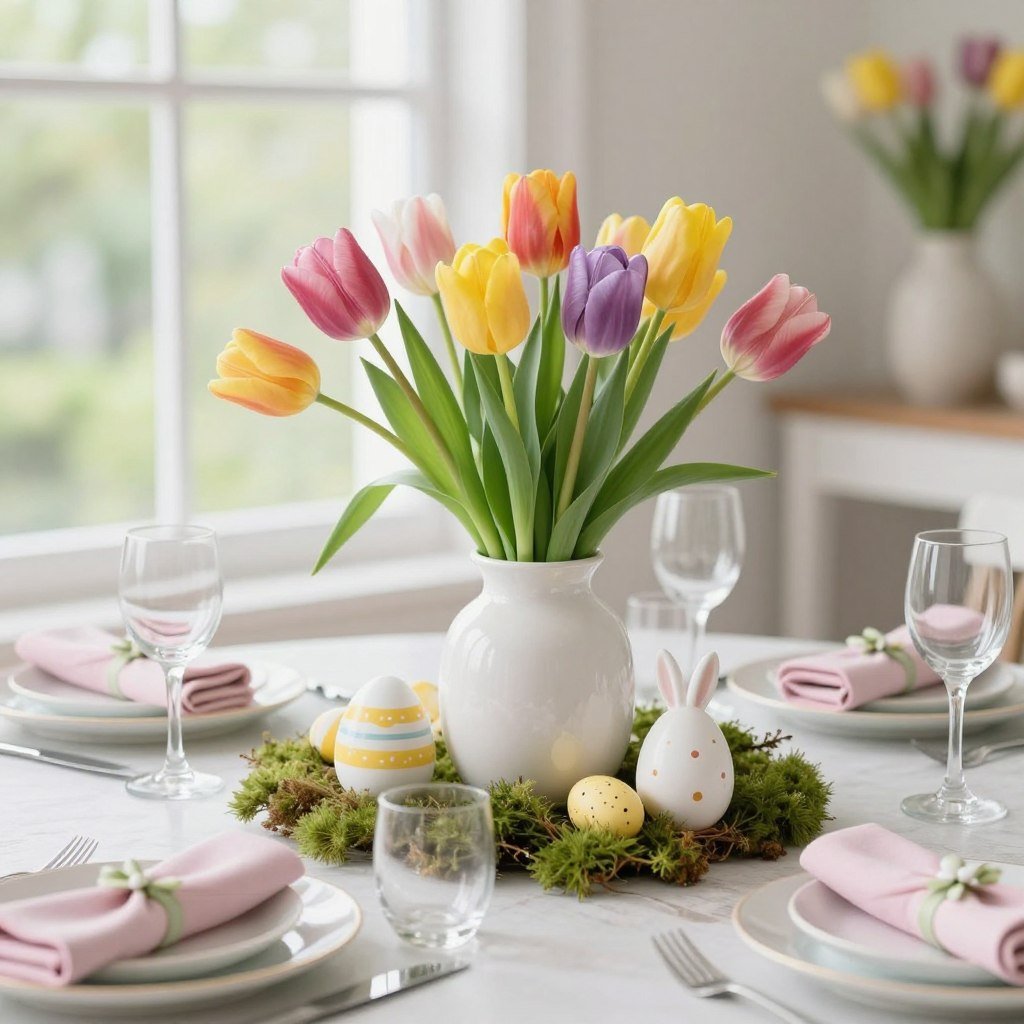 spring centerpiece with tulips and easter decorations