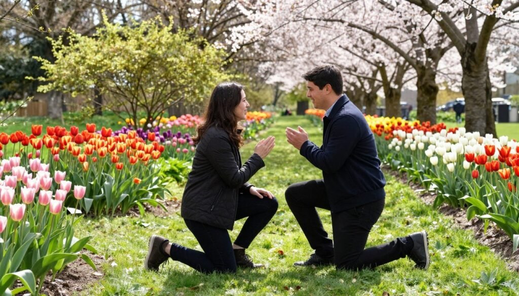 spring garden proposal with flowers blooming