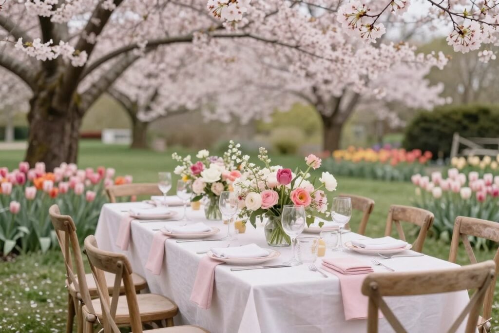 spring garden rehearsal dinner with blooming flowers and pastel decor spring garden rehearsal dinner with blooming flowers and pastel decor