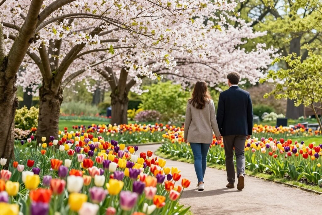 spring garden with blooming flowers and couple walking