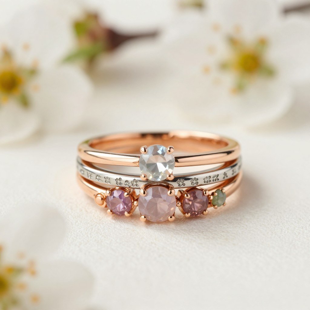 spring-inspired ring stack with fresh colors and light metals