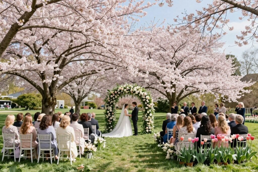 spring micro wedding in blooming garden with natural flowers