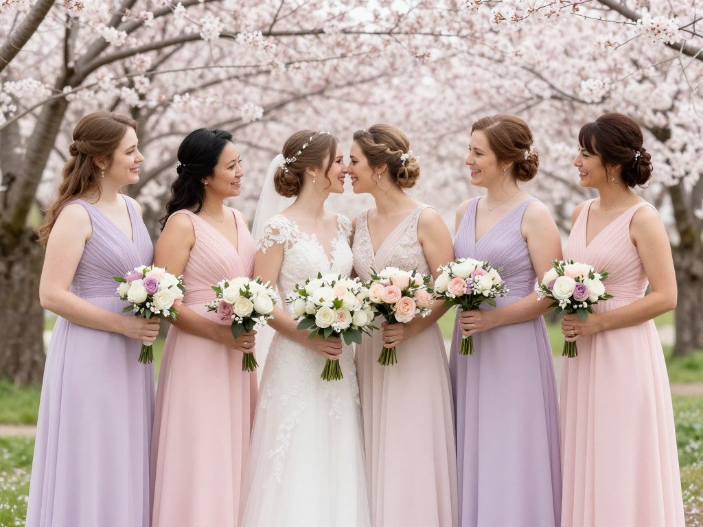 spring pastel bridesmaid dresses with cherry blossom background spring pastel bridesmaid dresses with cherry blossom background