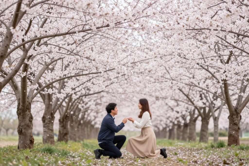 spring proposal among cherry blossoms