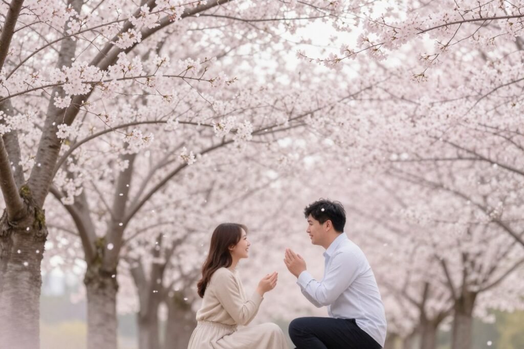 spring proposal surrounded by blooming cherry blossoms and flowers