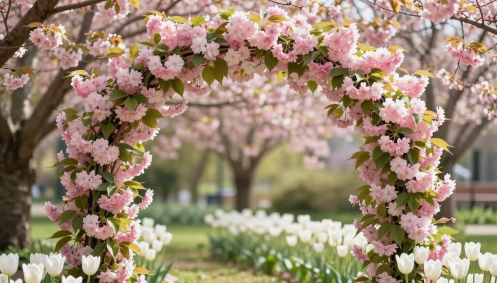 spring wedding arch with cherry blossoms and tulips