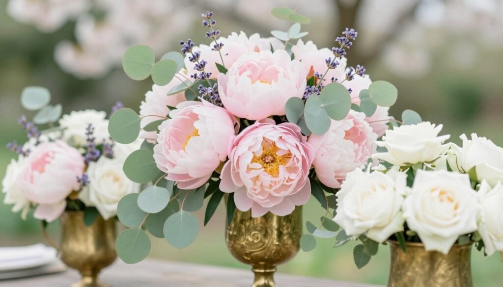 spring wedding color palette featuring cherry blossom pink, mint green, and lavender with fresh flowers