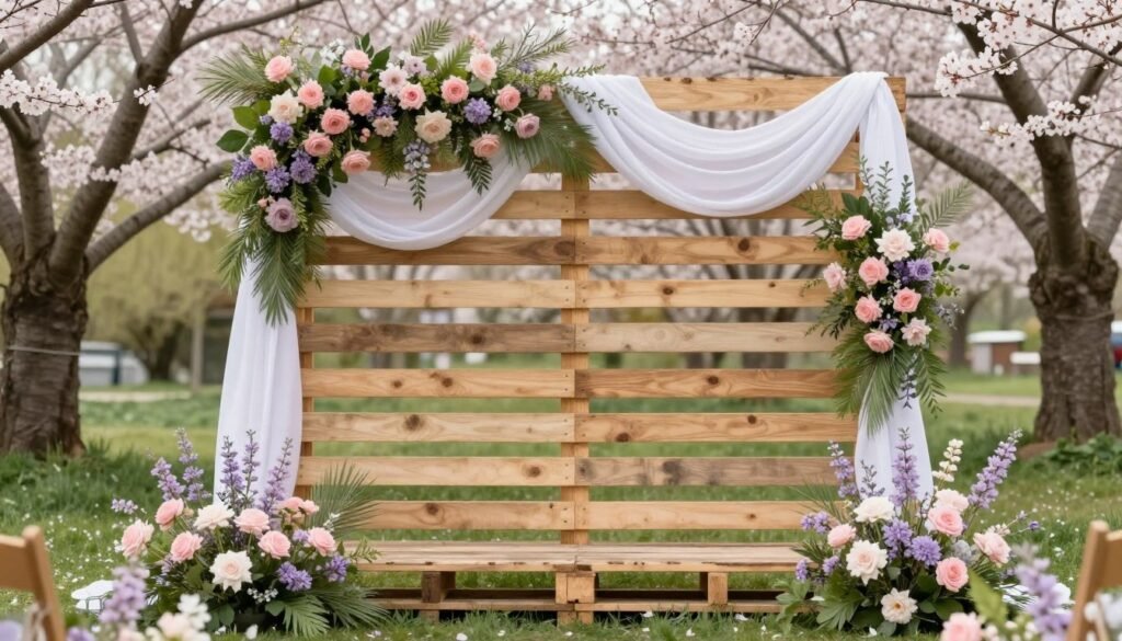 spring wedding pallet backdrop with pastel flowers