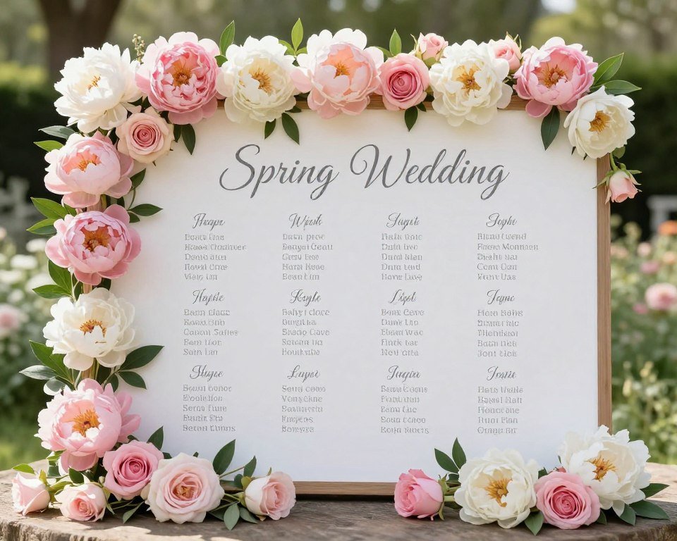 spring wedding seating chart ideas with fresh flowers and pastel colors
