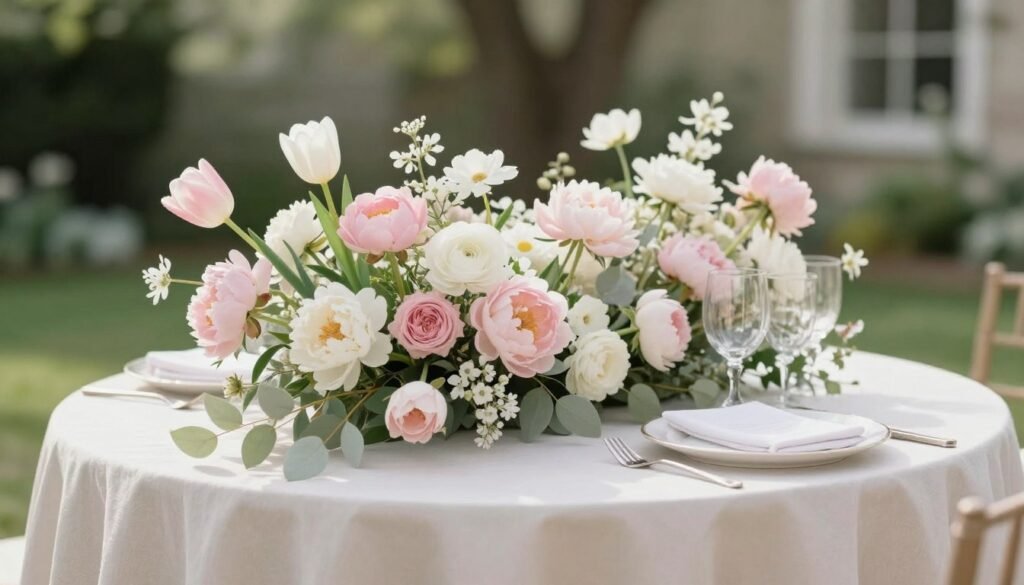 spring wedding sweetheart table with pastel flowers spring wedding sweetheart table with pastel flowers