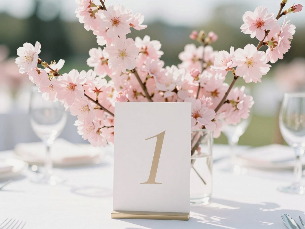 spring wedding table number with cherry blossoms