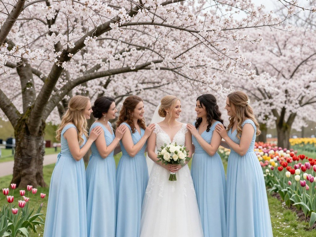 spring wedding with light blue bridesmaid dresses and flowers