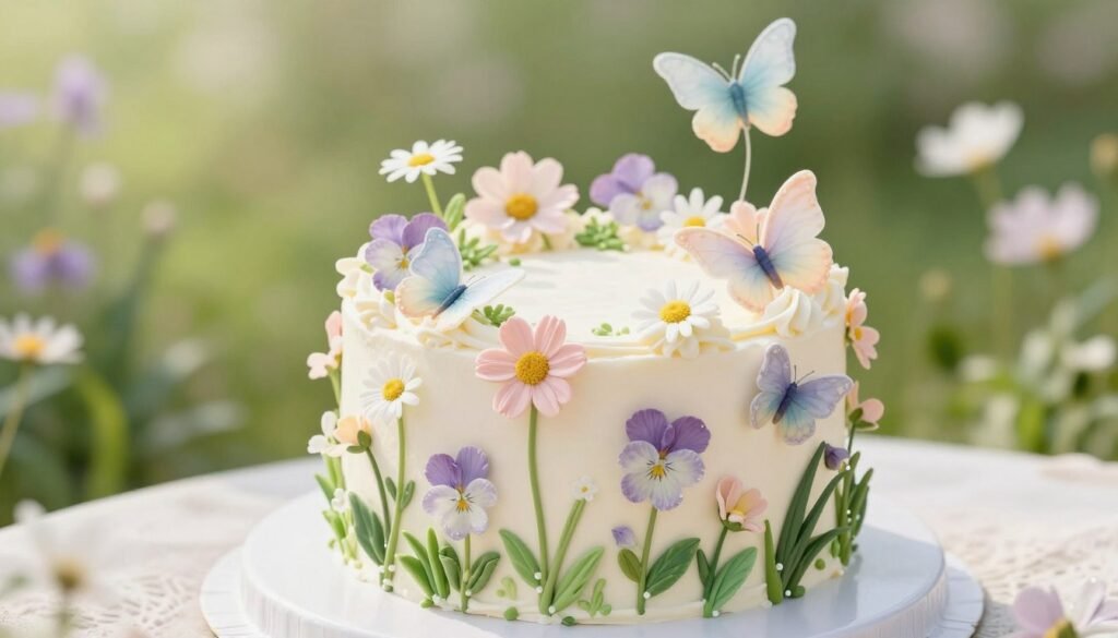 spring wildflower cake with pastel flowers and butterflies