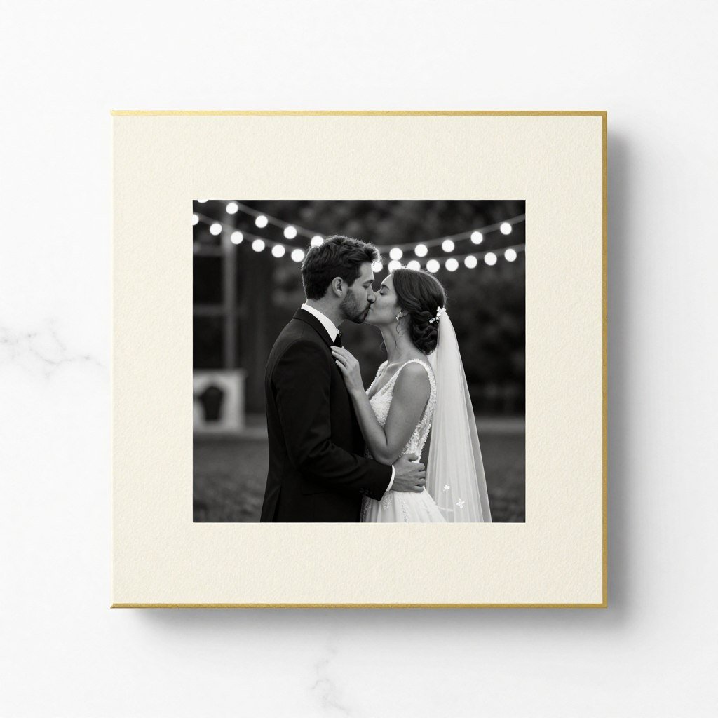 square format wedding thank you card with couple's wedding photo on textured linen cardstock