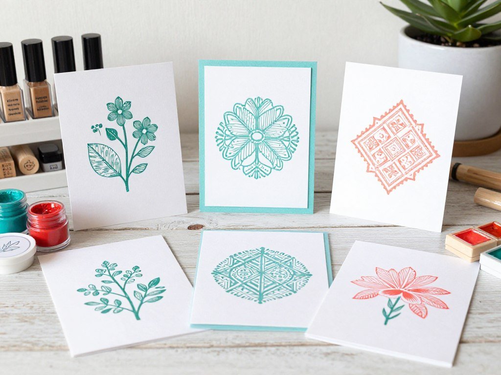 stamped thank you cards showing various rubber stamp impressions in coordinated colors