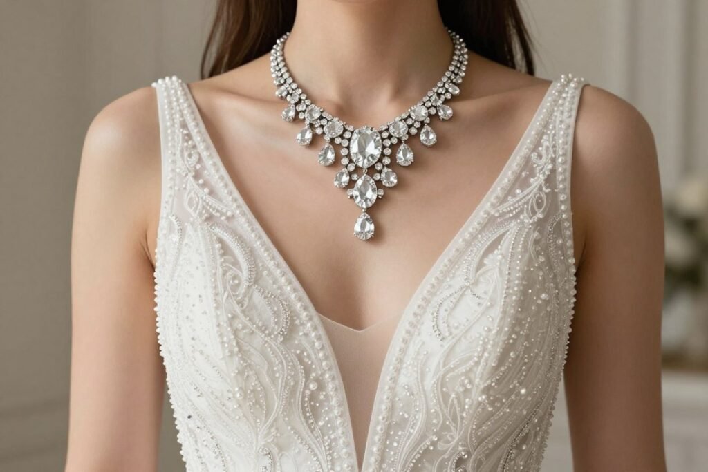statement necklace for v neck wedding dress