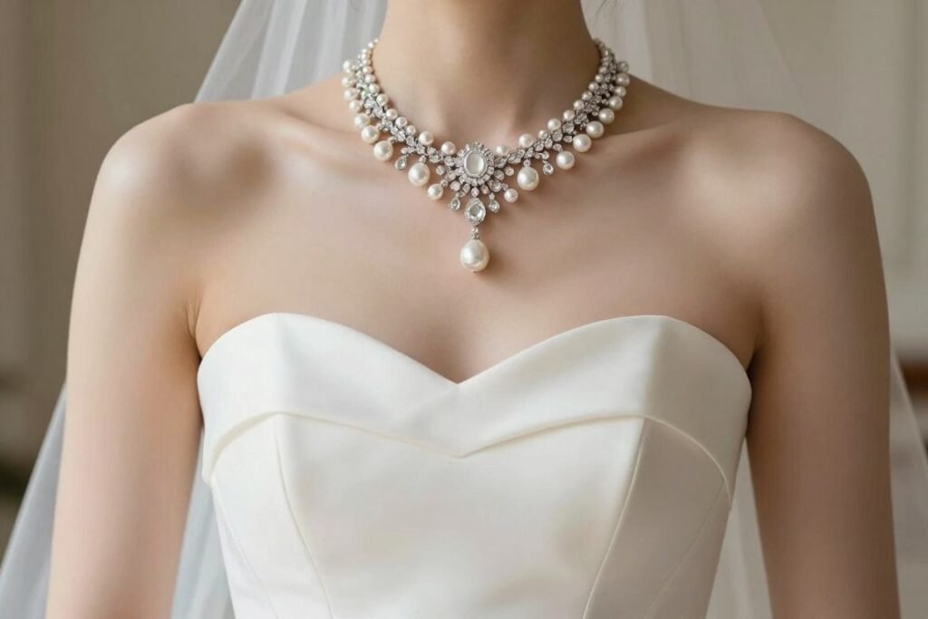 strapless wedding dress with statement necklace strapless wedding dress with statement necklace