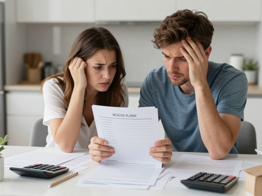 stressed couple reviewing wedding plans